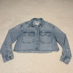 Zara Women Blue Light Wash Denim Crop Jacket